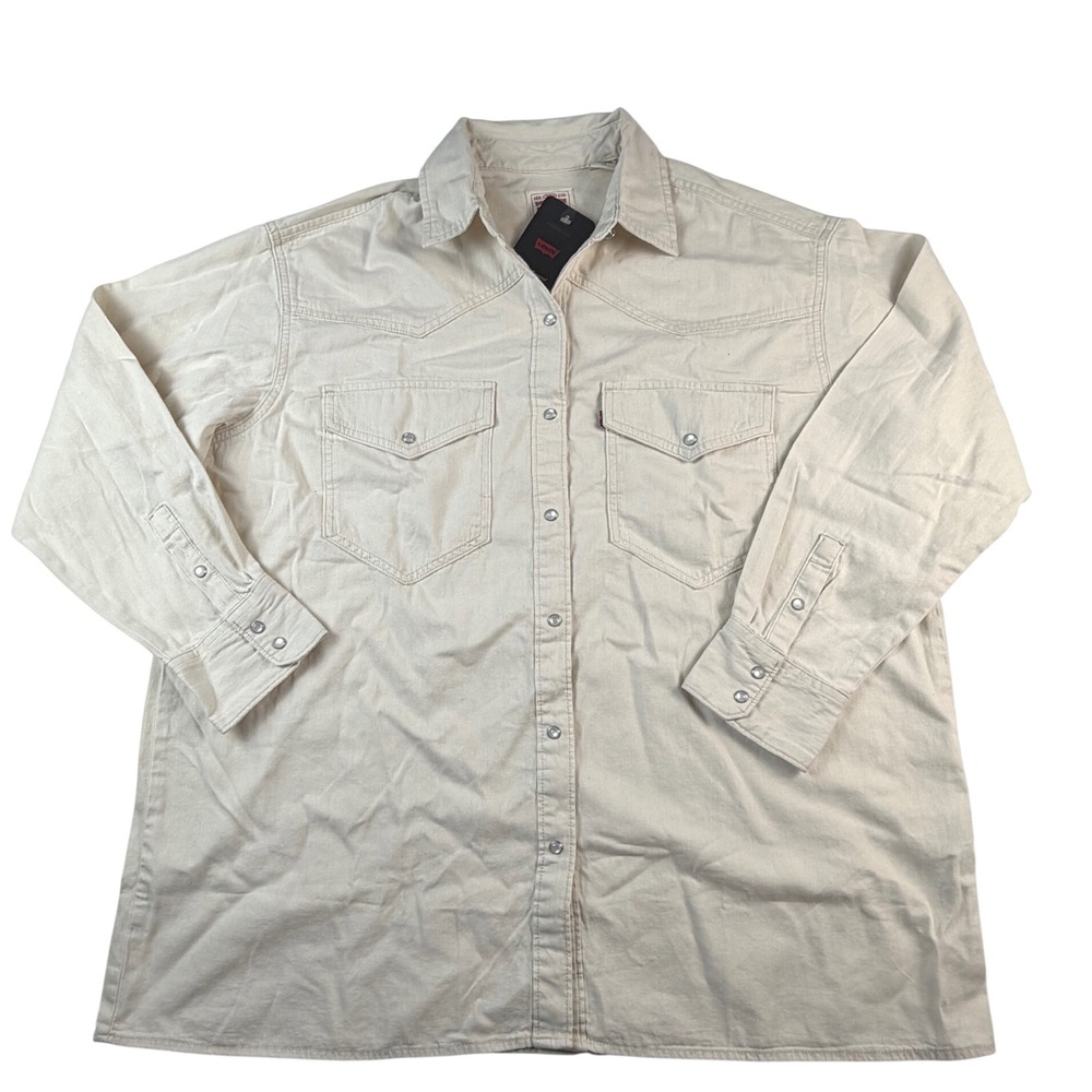 NWT Levis The Western Essential Oversized Shirt Cream Denim Pearl Snap Front Lg